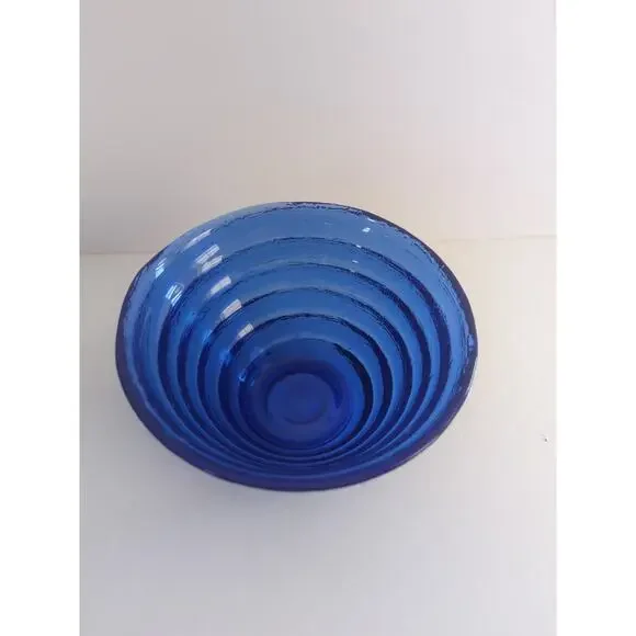 Set Of 3 Vintage Cobalt Blue Beehive Swirled Glass Cereal Bowls